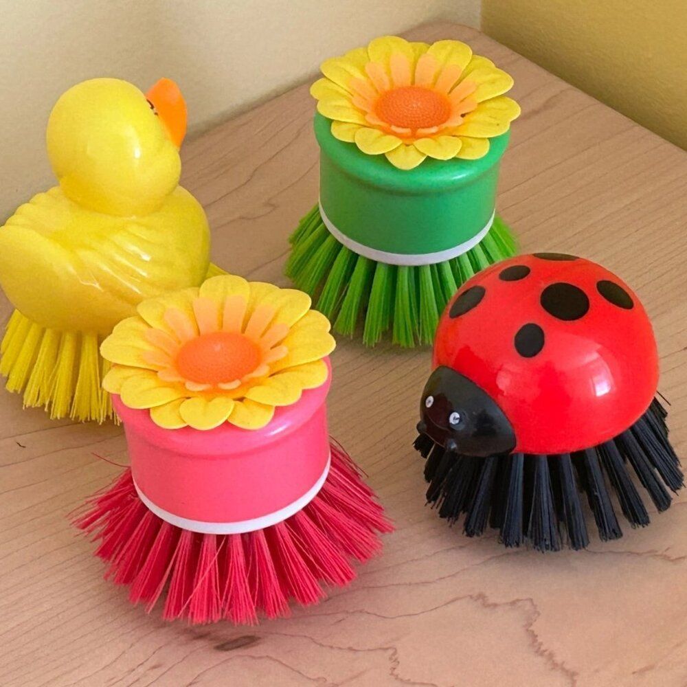 4pc Fun Novelty Dish Brush Set - Vigar Flower, Ladybug, Duckie - Kitchen Decor